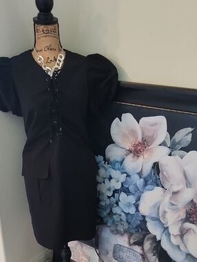 Black Lace-Up Puff Sleeve Midi Dress - Women's